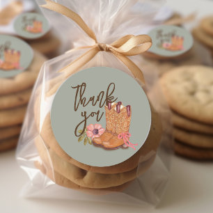 Little Cowgirl Party Floral Botanical Thank You Classic Round Sticker