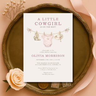 Little Cowgirl Pink Clothesline Girl Baby Shower Invitation