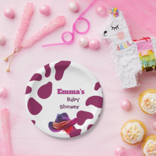 Little Cowgirl Pink Cow Print Western Baby Shower Paper Plate