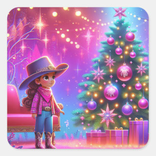 Little Cowgirl Standing In Front Of Tree Christmas Square Sticker