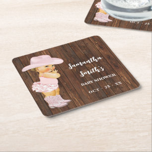 Little Cowgirl Western Baby Shower Party Decor Square Paper Coaster