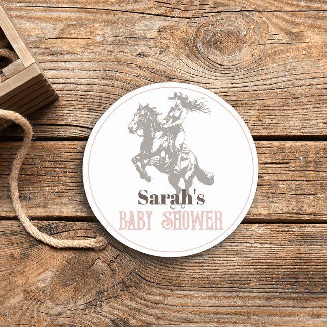 Little Cowgirl Western Pink Girl Baby Shower Classic Round Sticker (Creator Uploaded)