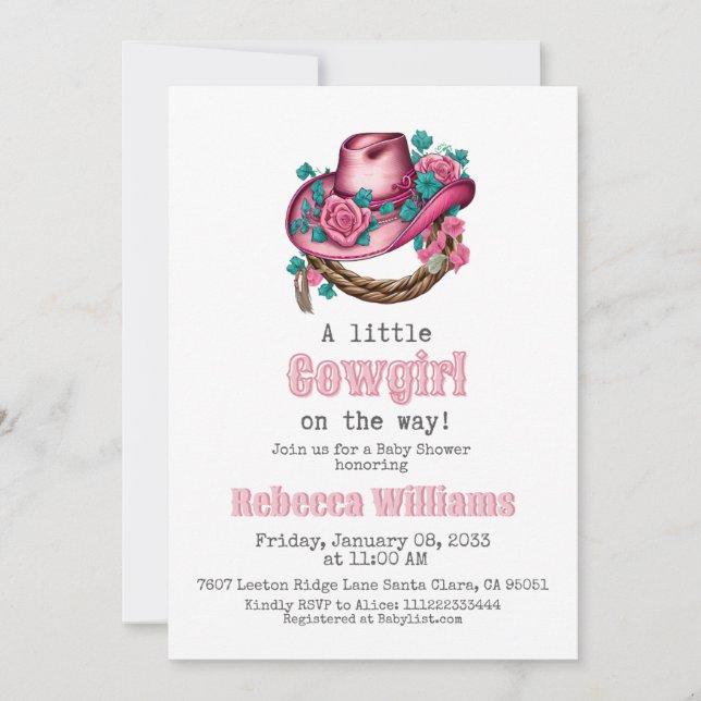 Little Cowgirl Western Pink Hat Floral Baby Shower Invitation (Front)