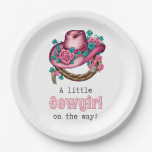 Little Cowgirl Western Pink Hat Floral Baby Shower Paper Plate