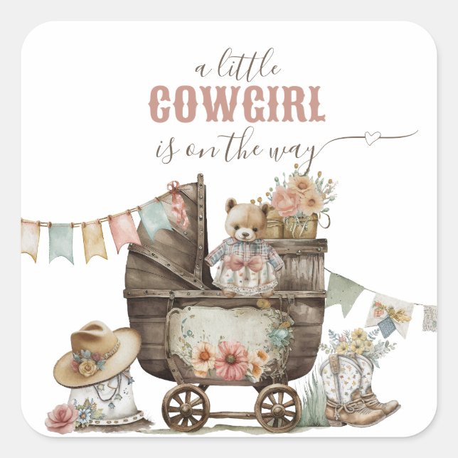 Little cowgirl Wild West Boho Baby Girl Shower Square Sticker (Front)