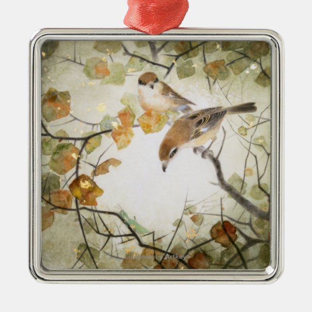 Little Creature-Bull-headed Shrikes Metal Tree Decoration (Front)