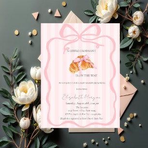 Little Croissant Pink Bow Pink Stripes Baby Shower Invitation
