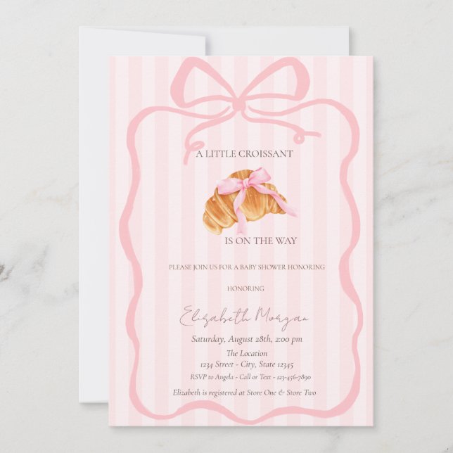 Little Croissant Pink Bow Pink Stripes Baby Shower Invitation (Front)