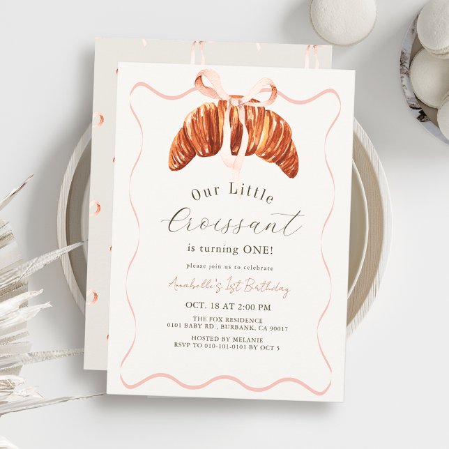 Little Croissant Pink Bow Ribbon Girl 1st Birthday Invitation (Creator Uploaded)