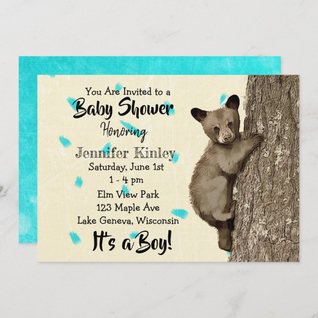 Little Cub Bear Teal and Tan Boy's Baby Shower Invitation (Front/Back)