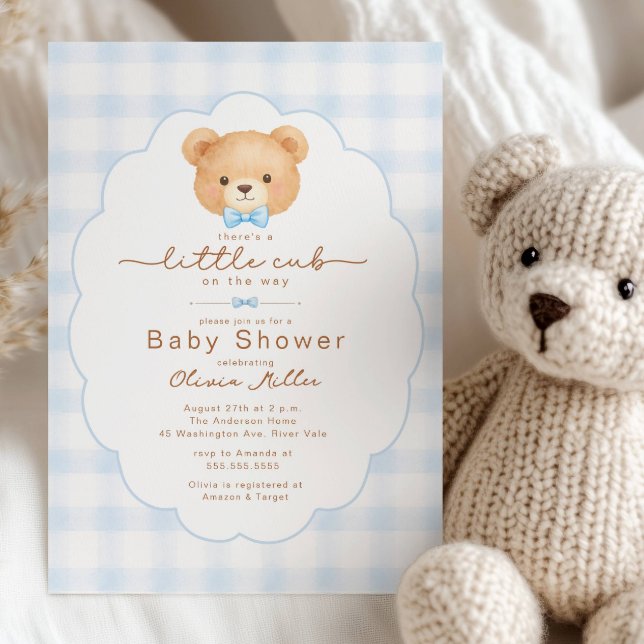 Little Cub Blue Gingham Baby Shower Invite (Creator Uploaded)