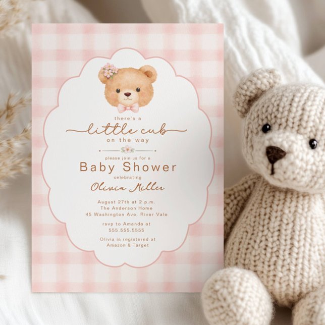 Little Cub Pink Gingham Baby Shower Invite (Creator Uploaded)