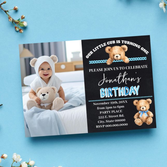 Little Cub Turning One Blue Teddy Bear Birthday Invitation (Creator Uploaded)