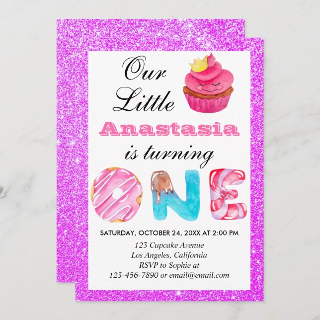 Little Cupcake Purple Glitter 1st Birthday One Invitation (Front/Back)