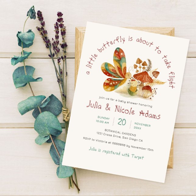 Little Cute Butterfly Cocoon Mushroom Baby Shower Invitation (Creator Uploaded)
