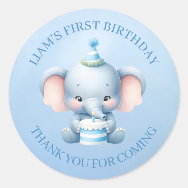 Little Cute Elephant 1st Birthday Thank You Blue Classic Round Sticker (Front)