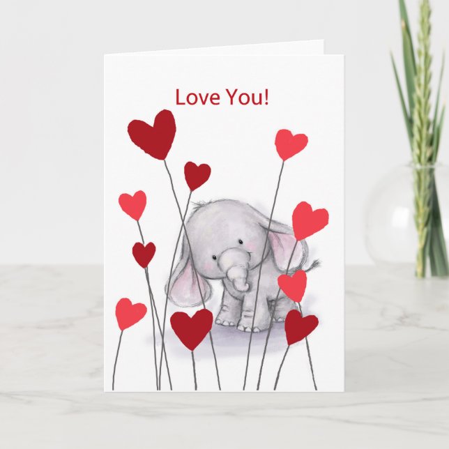Little cute elephant with red heart, love you card (Front)