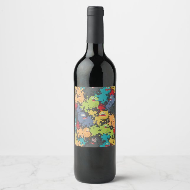 Little cute funny monsters wine label (Front)