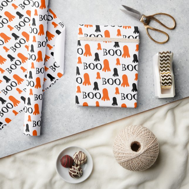 Little Cute Ghost Orange Black White Wrapping Paper (Crafts)