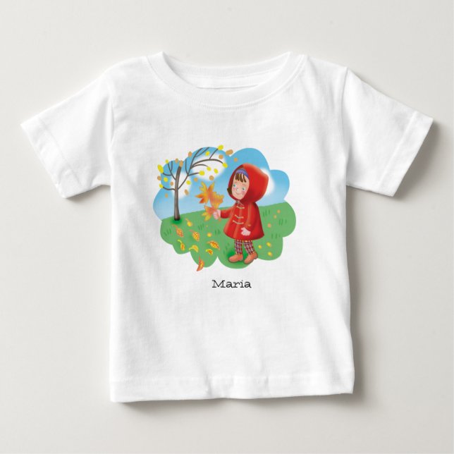 Little cute girl in a red coat collecting autumn l baby T-Shirt (Front)