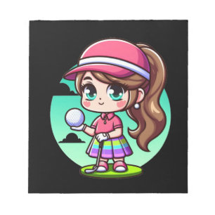 little cute girl with golf ball in her hands notepad