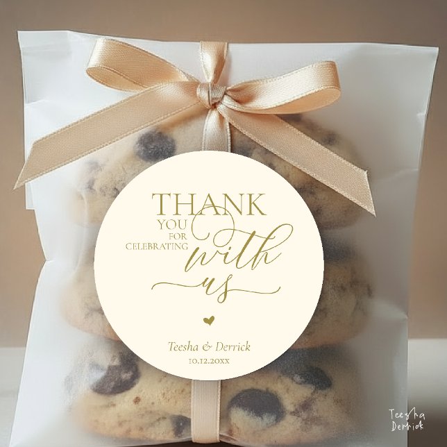 Little Cute Heart, With Huge Love Thank You Gifts  Classic Round Sticker (Modern Boho Wedding little Cute Heart Huge Love Thank You Gifts Classic Round Sticker in Yellow Gold)