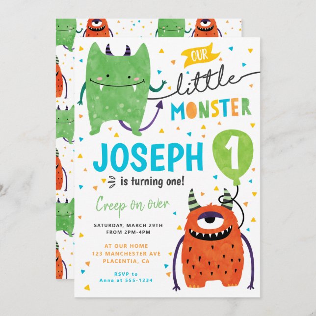 Little Cute Monster Birthday Party  Invitation (Front/Back)