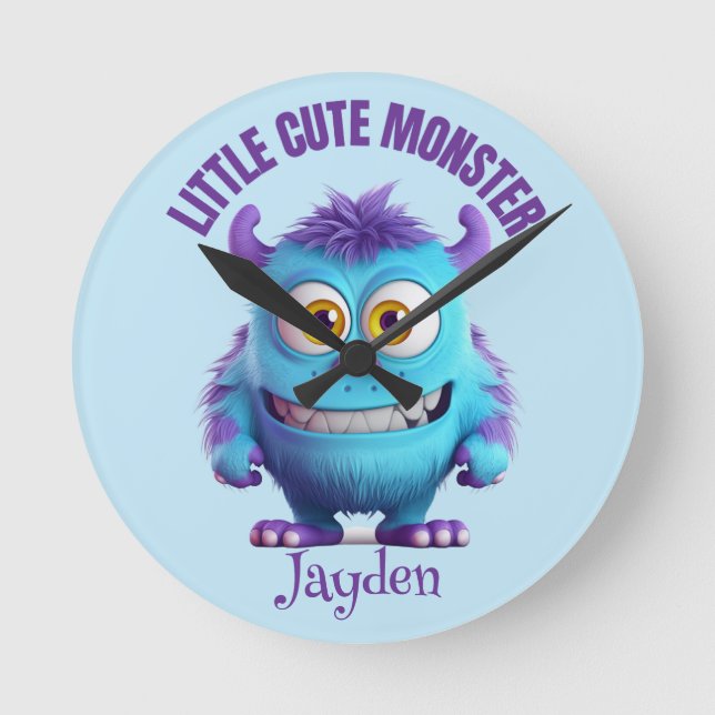 Little Cute Monster Purple Horns Personalised Round Clock (Front)