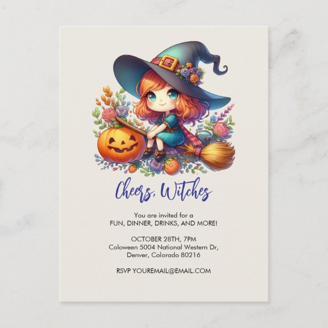 little cute witch dressed in blue, Halloween Postcard (Front)