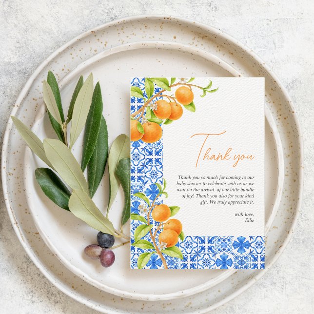 Little Cutie | Aesthetic Blue Tiles & Citrus  Thank You Card (Little cutie | Baby shower Thank you Card)