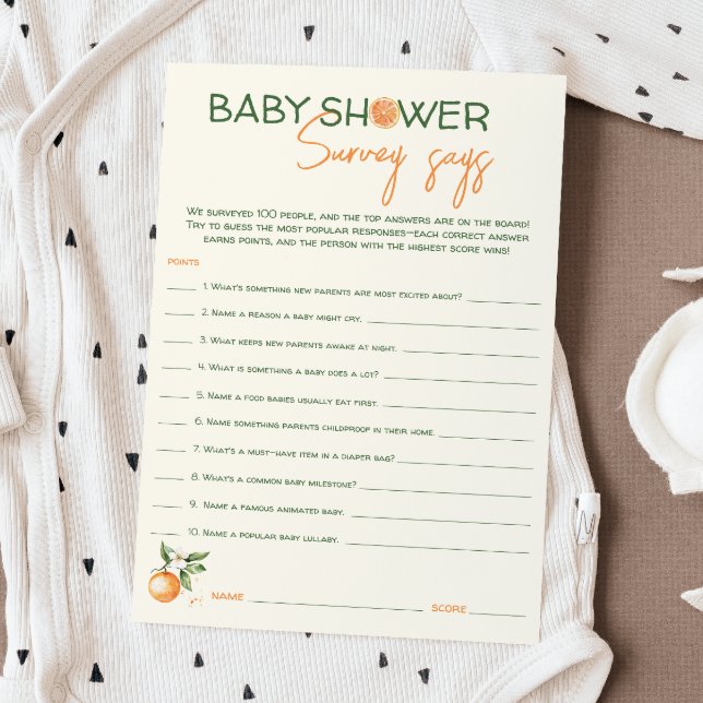 Little Cutie Citrus Baby Shower Survey Says Card (Creator Uploaded)