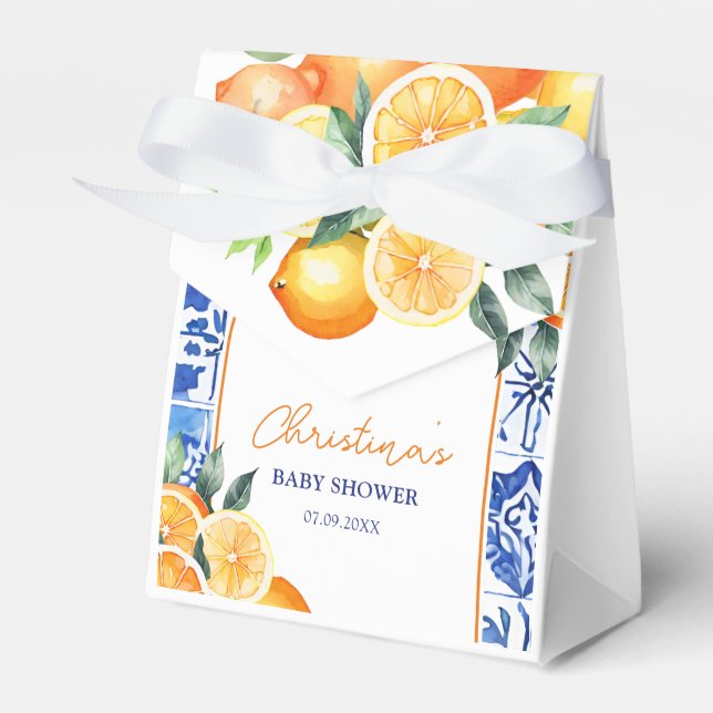 Little Cutie Citrus Blue Tiles Baby Shower Favour Box (Front Side)