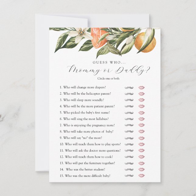 Little Cutie Citrus Guess Who Shower Game Card (Front)