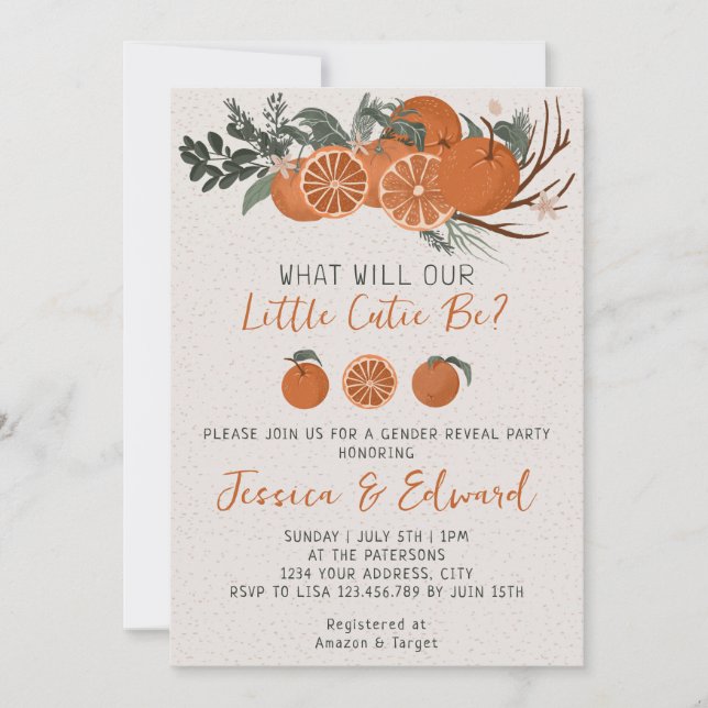 Little Cutie Citrus Orange Gender Reveal Party Invitation (Front)