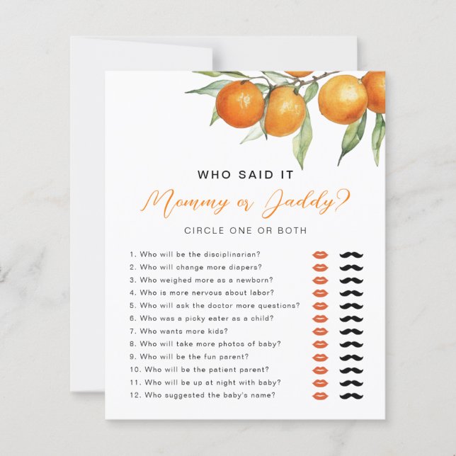 Little Cutie Citrus Orange Guess Who Shower Game (Front)