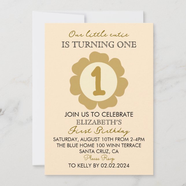 Little Cutie Gold Floral 1st Birthday Invitation C (Front)