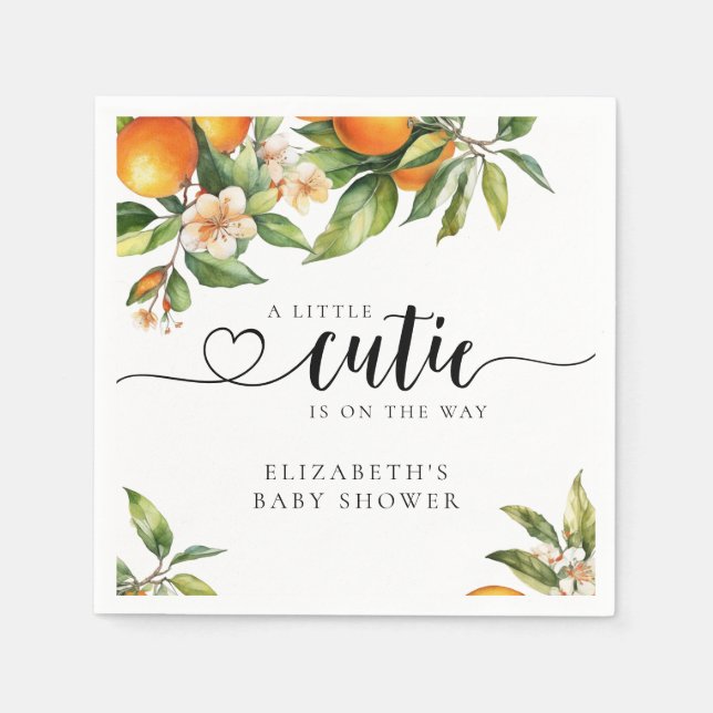 Little Cutie Greenery Orange Baby Shower Napkin (Front)