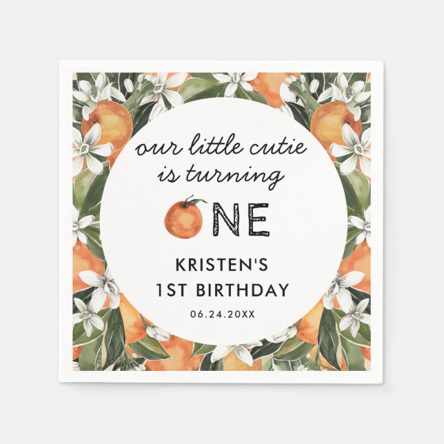Little Cutie Is Turning One 1st Birthday Party  Napkin (Front)