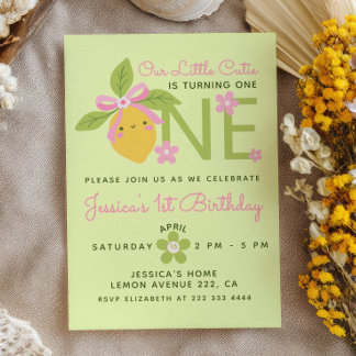 Little Cutie Lemon& Daisy Green 1st Birthday Party Invitation