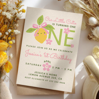 Little Cutie Lemon& Daisy Pink 1st Birthday Party Invitation