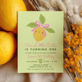 Little Cutie Lemon Fruit Green 1st Birthday Party Invitation