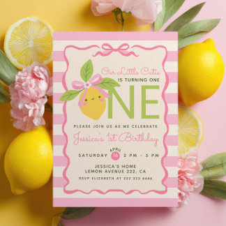 Little Cutie Lemon Fruit Pink 1st Birthday Party Invitation