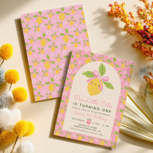 Little Cutie Lemon Pink Baby Girl 1st Birthday  Invitation
