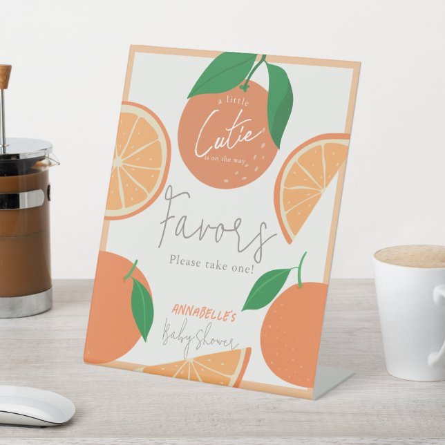 Little Cutie Modern Orange Baby Shower Favours Pedestal Sign (In SItu)