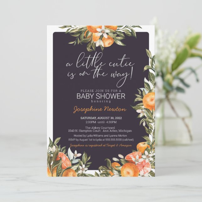 Little Cutie on the Way Orange Citrus Baby Shower Invitation (Standing Front)