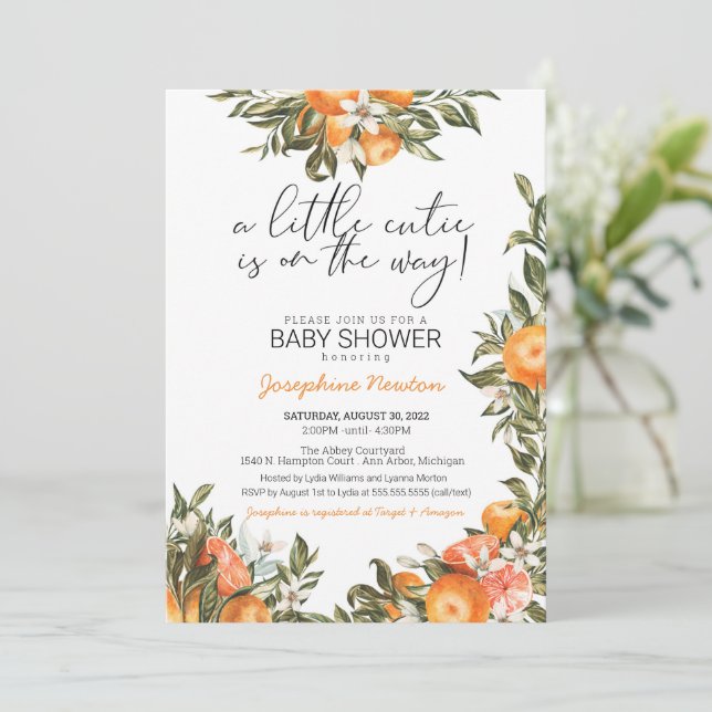 Little Cutie on the Way Orange Citrus Baby Shower Invitation (Standing Front)