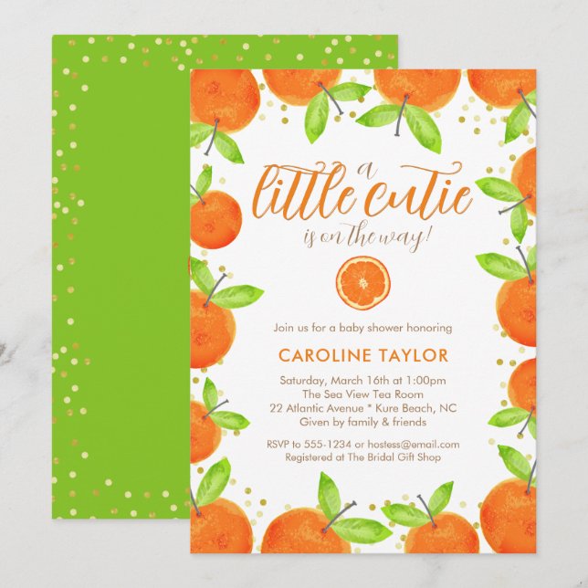 Little Cutie on Way Orange Clementine Baby Shower Invitation (Front/Back)