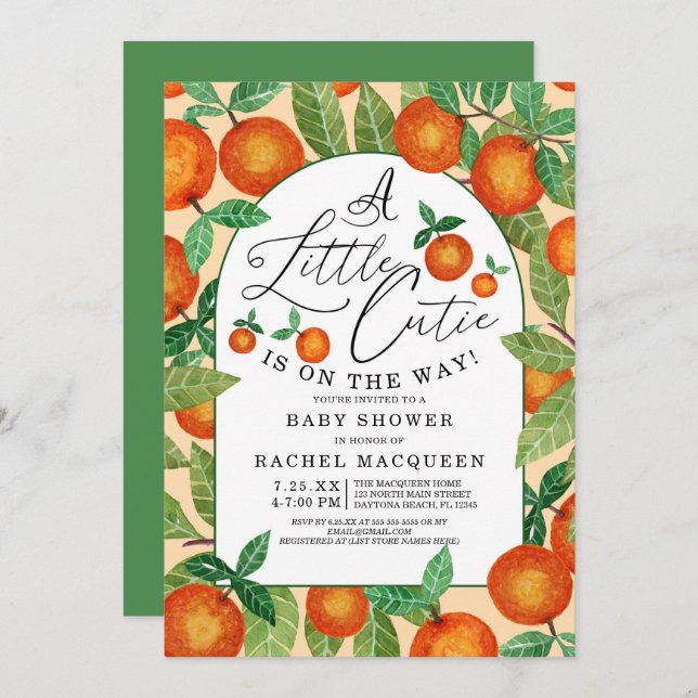 Little Cutie Orange Botanical Fruit Baby Shower Invitation (Front/Back)