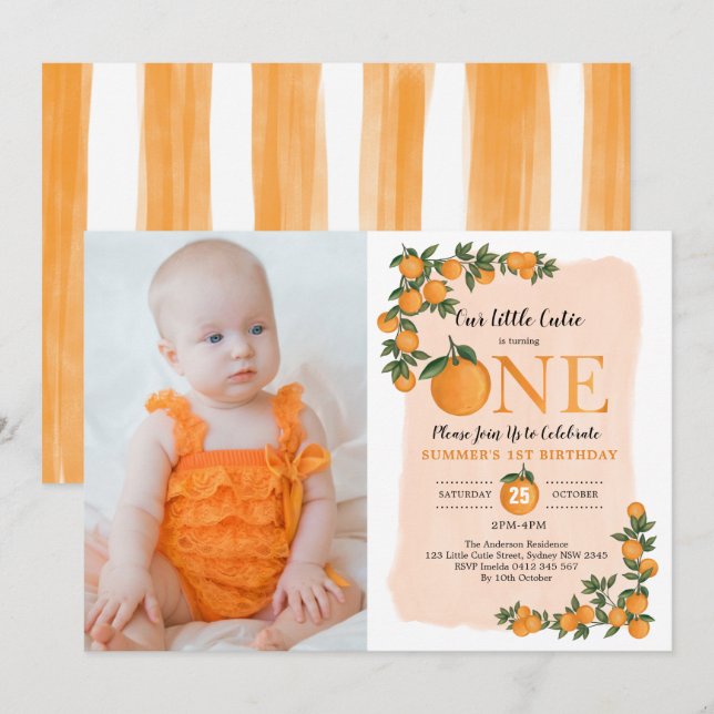 Little Cutie Orange Citrus 1st Birthday Photo Invitation (Front/Back)