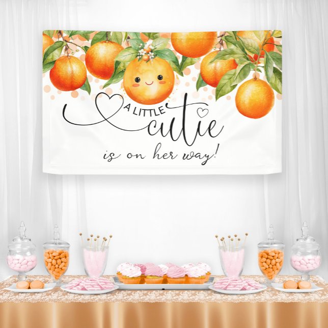 Little Cutie Orange Citrus Baby Shower Banner (Little cutie baby shower banner with adorable baby face.)